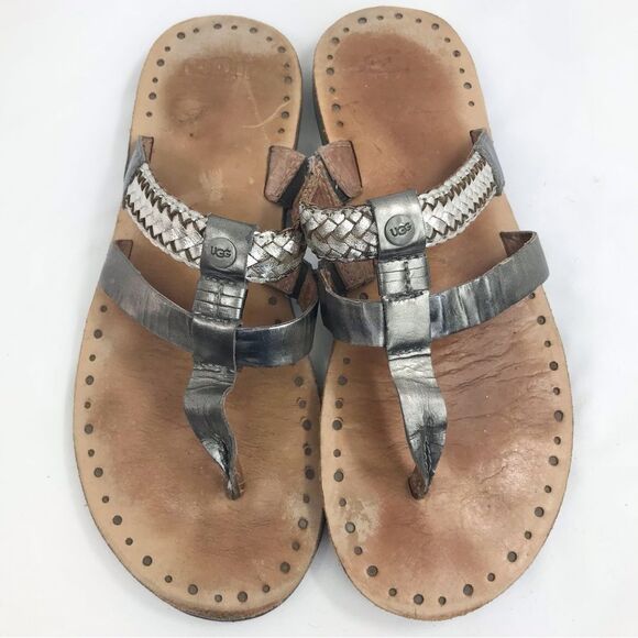 UGG Audra Metallic Silver Braid Leather Double Strap Thong Slide Boho Sandals - Picture 2 of 12